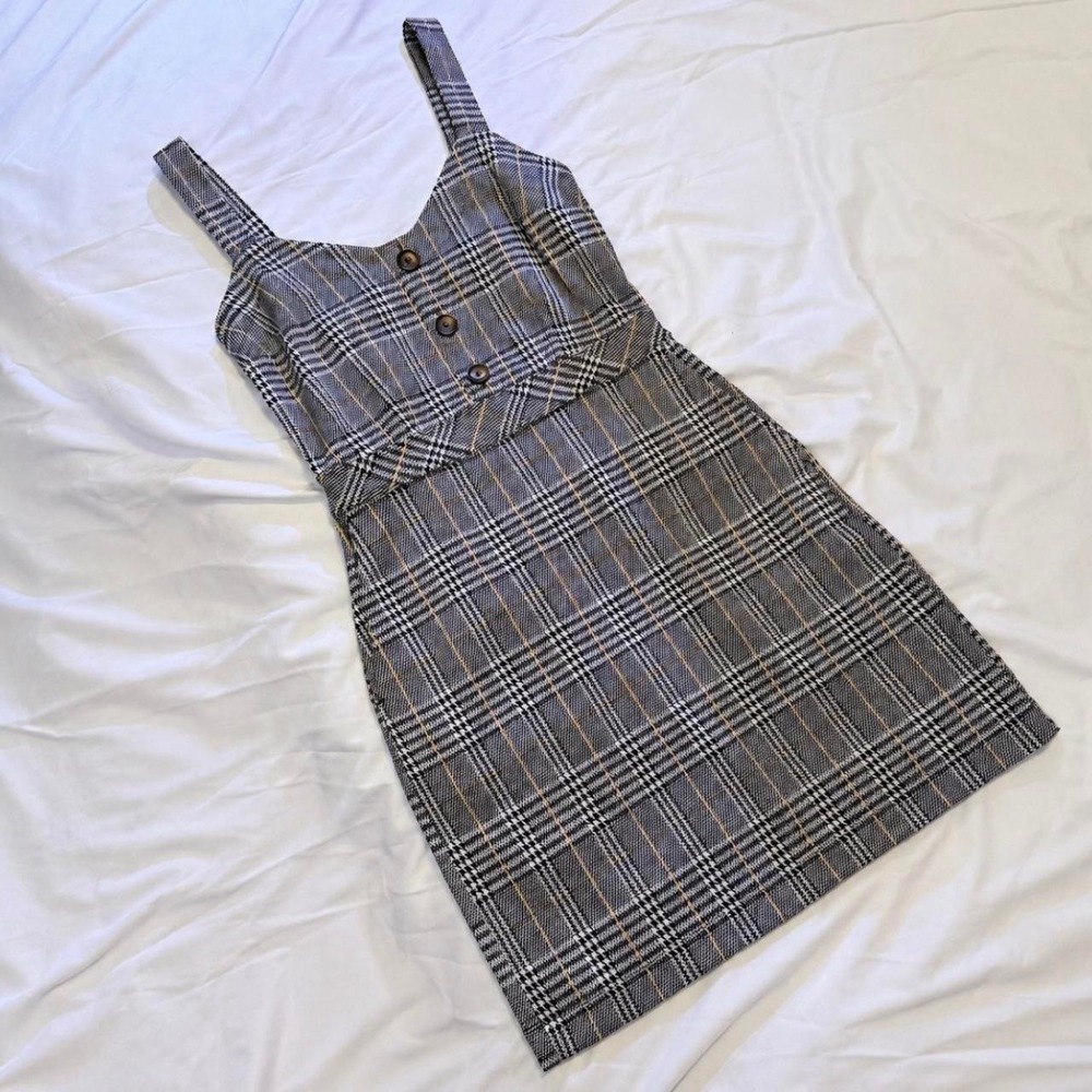 Abercrombie & Fitch Plaid Mini Dress Grey Black Y2K Preppy Empire Waist XS